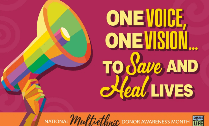 A colorful illustration of a megaphone over a pink background. Text reads: One voice, One Vision, to Save and heal lives