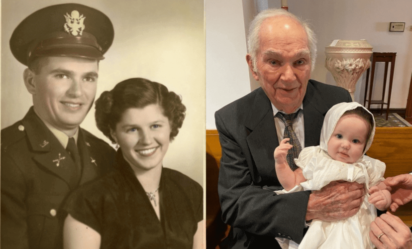 Mr. Orville Duane Allen, pictured left with his wife Alice in 1951, and pictured right with his youngest great-granddaughter at her baptism
