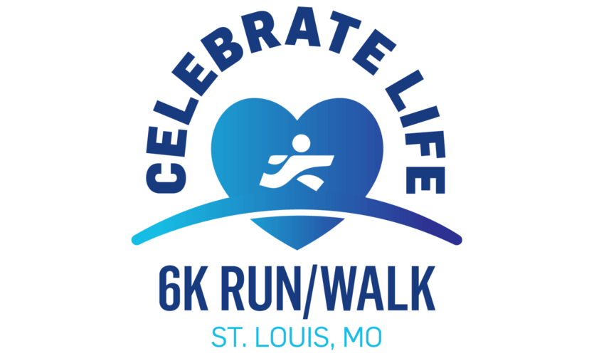 Celebrate Life 6k Run/Walk, St. Louis, MO. Logo is a white stick figure running in front of a blue heart.
