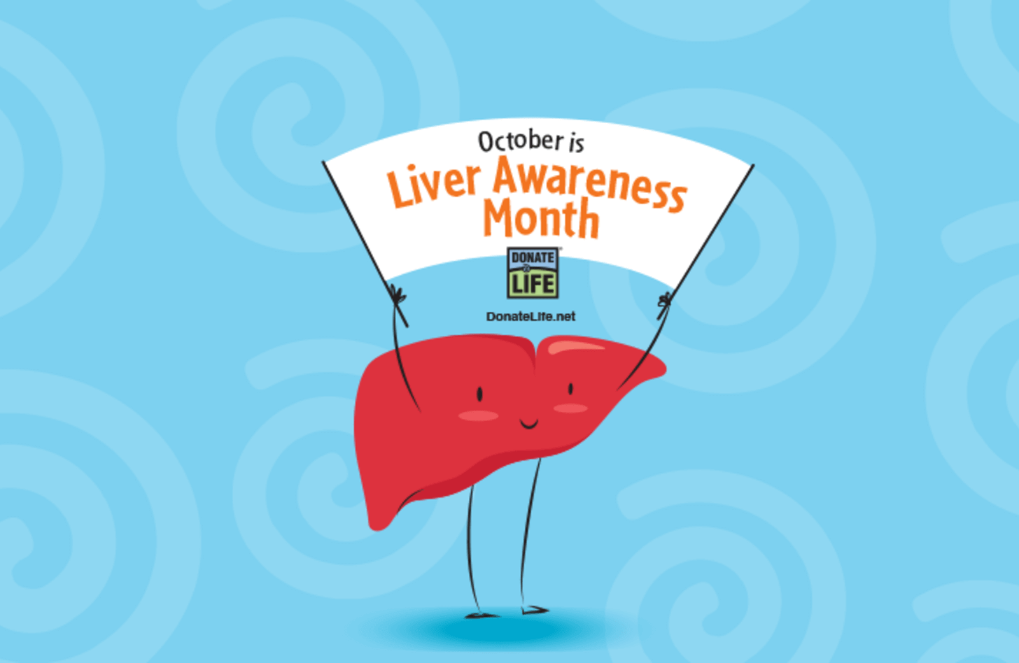 An anthropomorphic liver holds up a sign that reads "October is Liver Awareness Month"